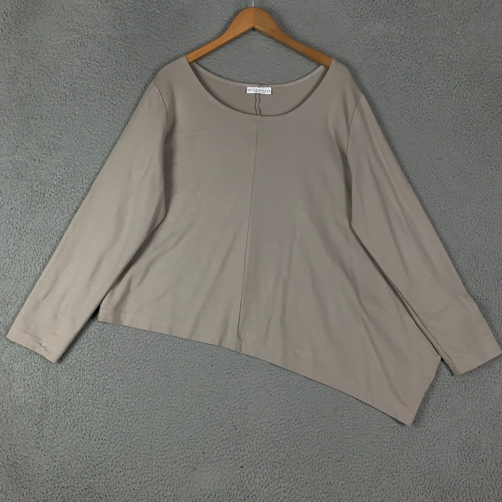 Bryn Walker Top Tunic Womens XL Taupe Knit Asymmetric Hem Long Sleeve Scoop Neck